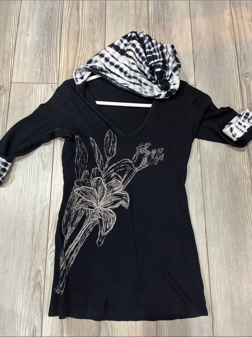 Vintage Cache Y2K Embellished Floral Hooded Tunic Top Size Small